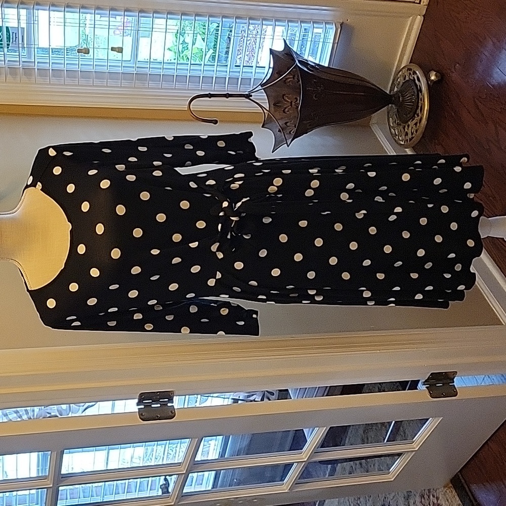 Ellos stretch black white polka dot dress 3/4 sleeve tie waist full skirt M EUC…